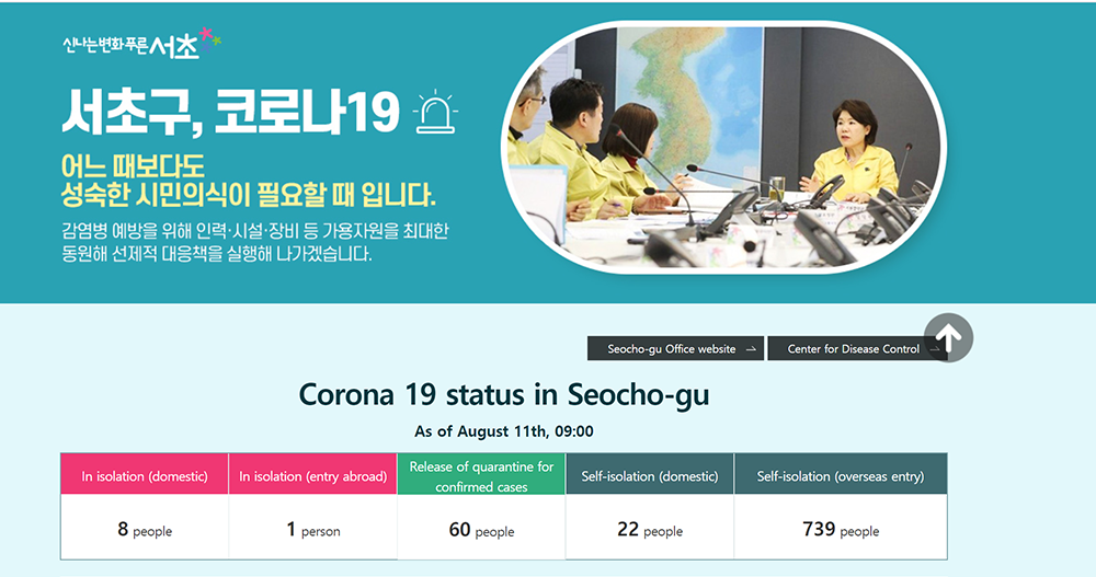 Figura 2: Plataforma COVID-19 de Corea del Sur. Fuente: Seocho.go.kr 