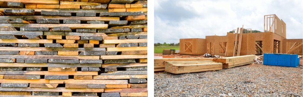 piles of wood and a background of a house made of wood