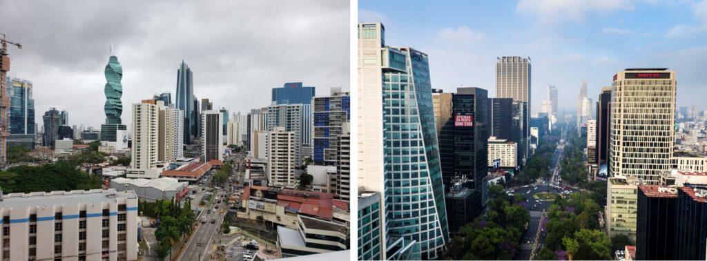 dos ciudades con rascacielos y avendias con autos