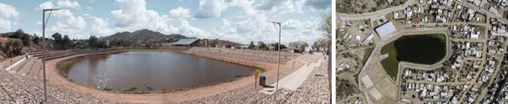 Dos imágenes del proyecto del Parque Represo Colosio, que rediseñó el cuerpo hídrico y su espacio público adyacente para prevenir inundaciones en las zonas aledañas.