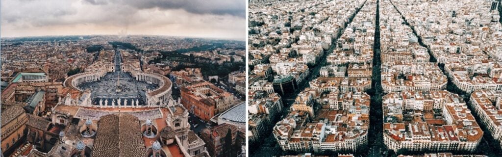 Vistas aereas de la Plaza de San Pedro, en Roma, Italia, y del Eixample de Barcelona, España. 