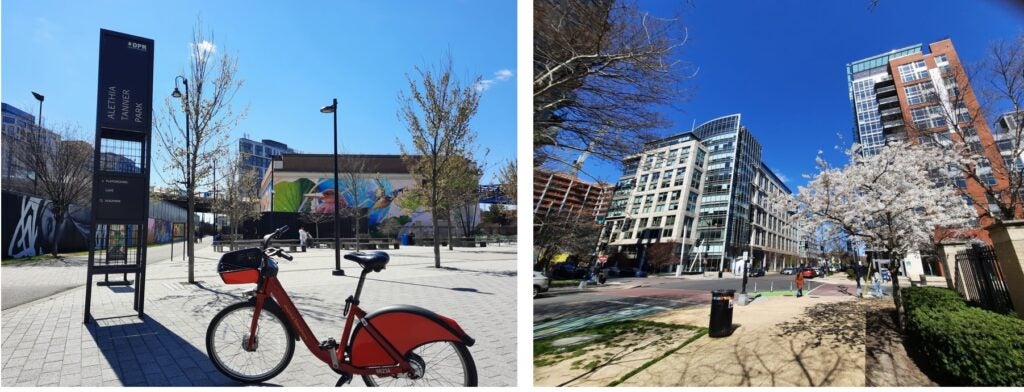 Parque y calles en el barrio de NoMa, Washington DC con una bicicleta