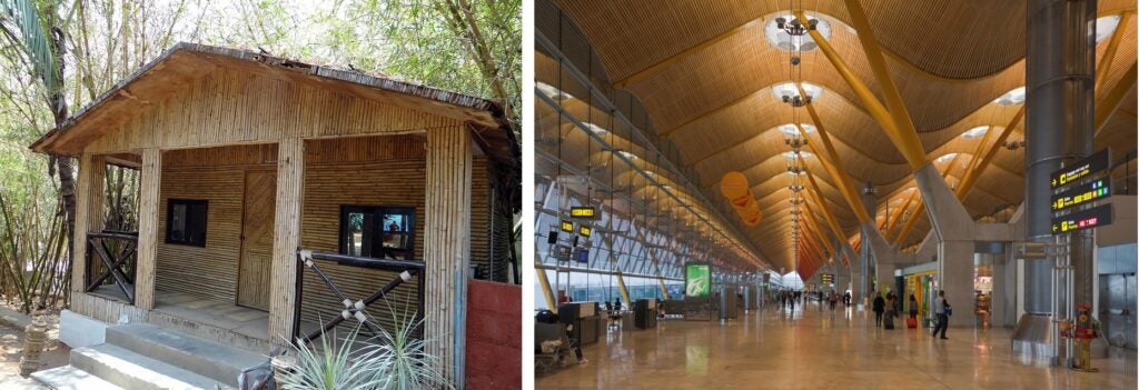 Casa construida con bambú, y la Terminal 4 del aeropuerto de barajas en Madrid