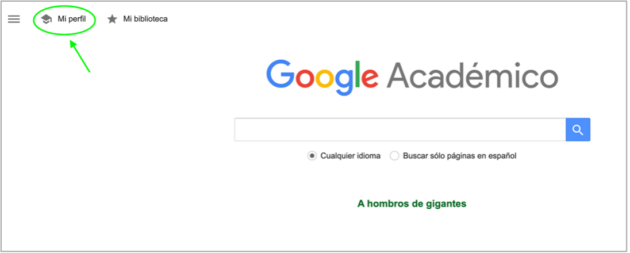 Se muestra cómo acceder a Mi Perfil desde la pantalla principal de Google Scholar