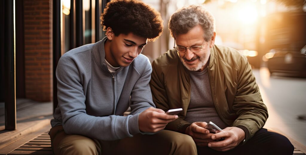 Un joven enseña a un adulto habilidades digitales en un celular