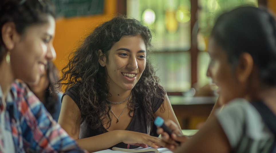 Una estudiante de América Latina comparte estudio con compañeros de clase
