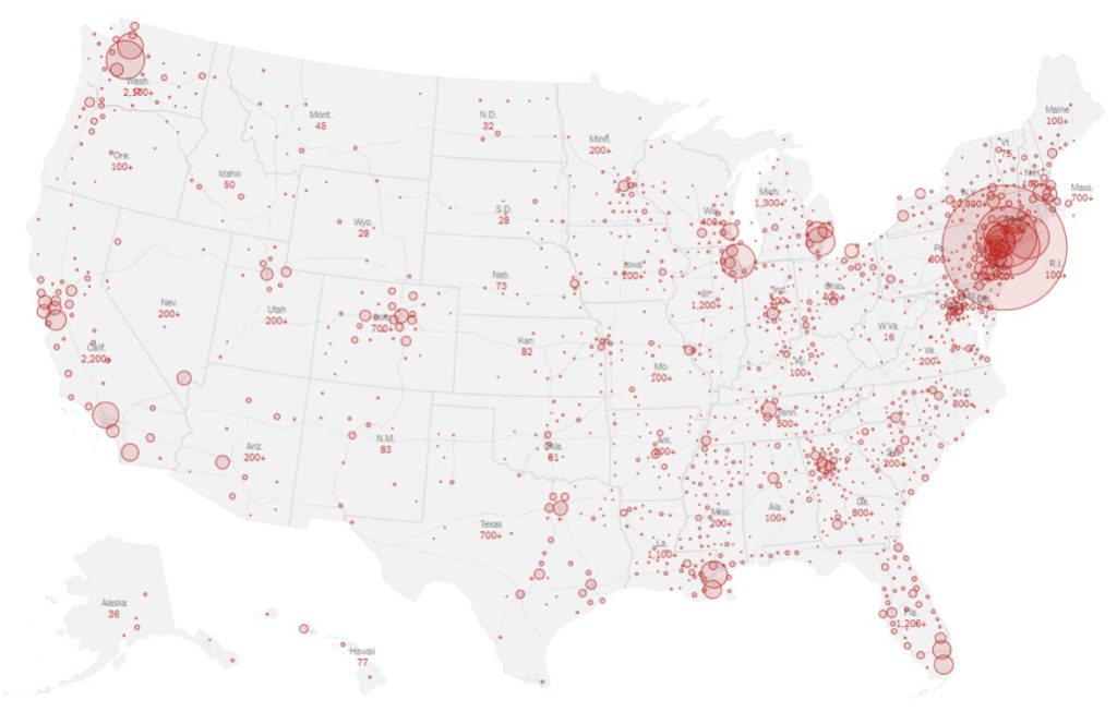 distribution of reported cases by state and county as of March 23