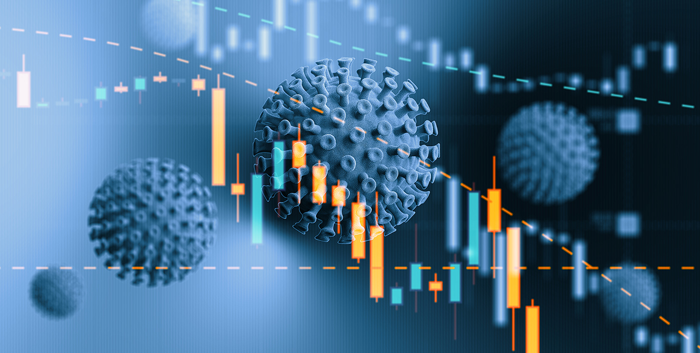 Blue Viruses over Financial Bar Graph - COVID-19 Stock Market and Finance Concept