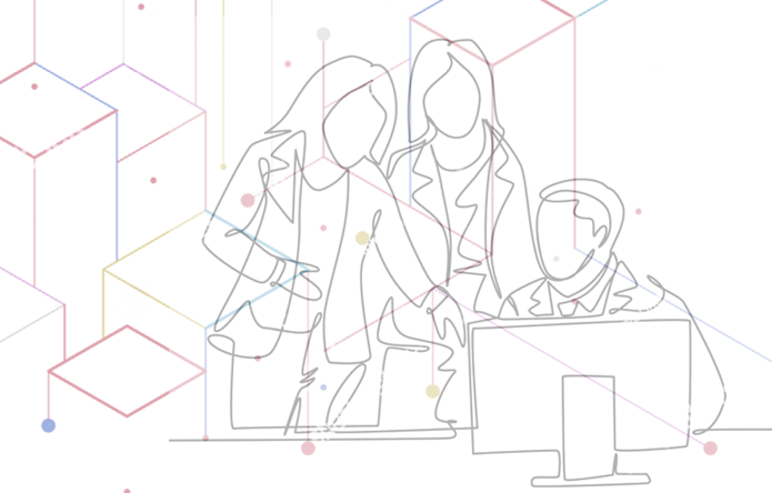 ilustración de dos mujeres y un hombre frente a una computadora