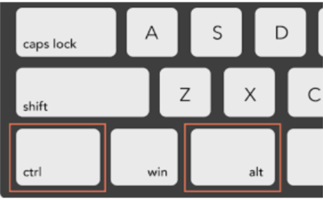 The CTRL and ALT keys highlighted on a keyboard