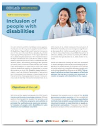 A person with hearing impairment and another with Down syndrome appear in a banner inviting consultation of the informational brochure for the GDLab’s new call for proposals.