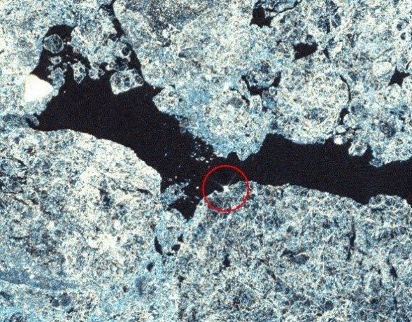 Imagen del Satélite SAOCOM 1A / SIASGE del 7 de marzo de 2019 que muestra la ubicación del Irízar, señalado en el círculo rojo.