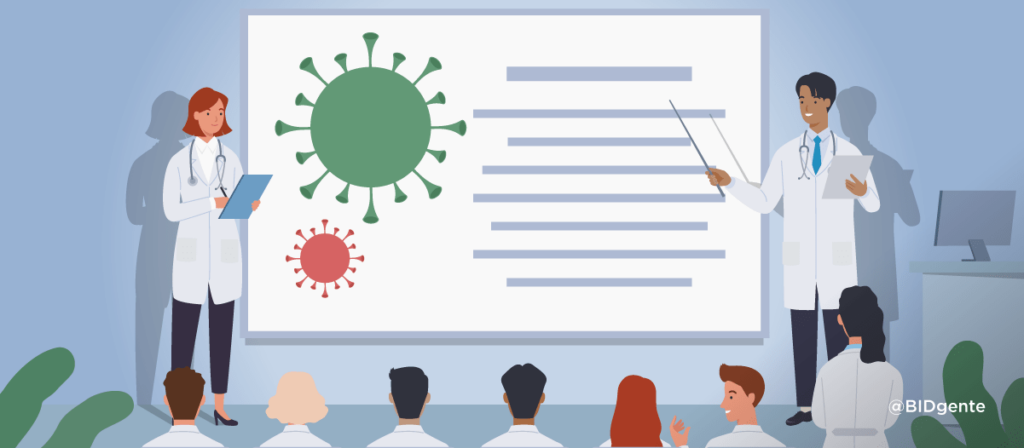 ilustración dos médicos muestran en una presentación medidas para combatir el coronavirus