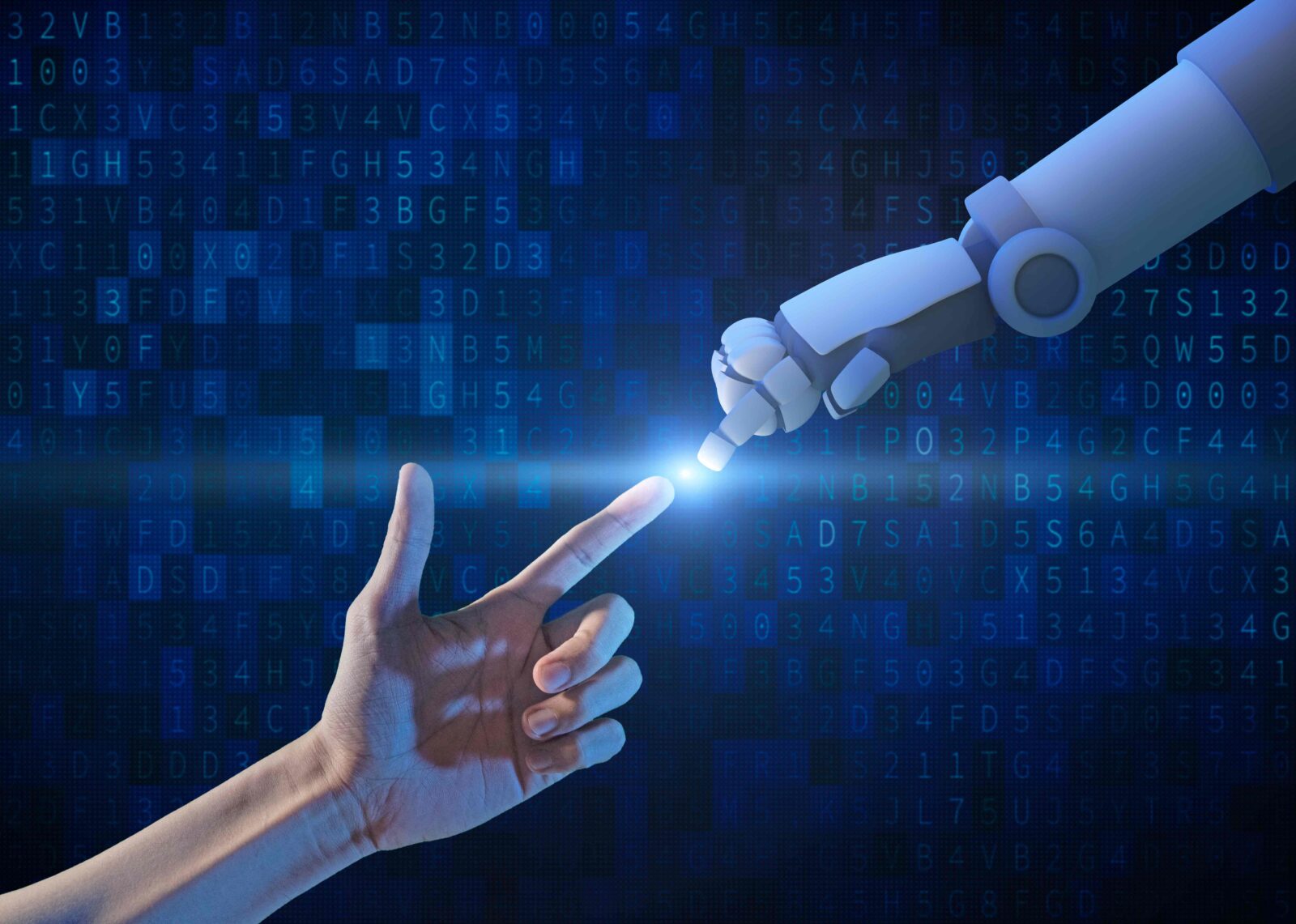 Imagen que simula la creación del hombre, onectando el dedo de un humano y un robot