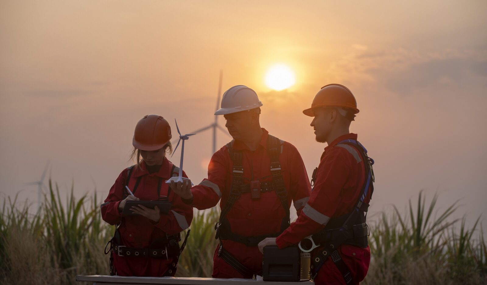 Three people in uniform read blueprints at sunset